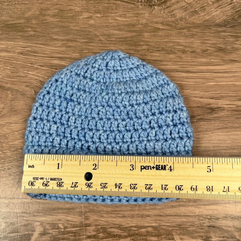 Handmade Beanie Set Baby Blue White Knit Crochet Winter Hats 3pk